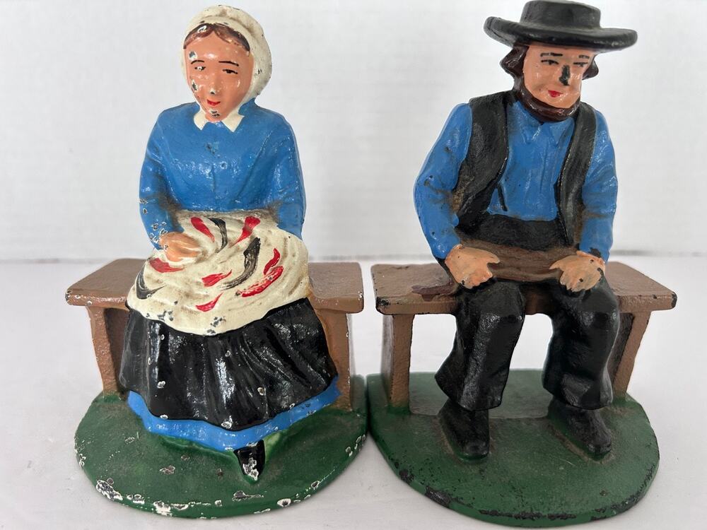 Antique Cast Iron Amish Bookends Man And Woman 5” Tall Original Paint Not Repros